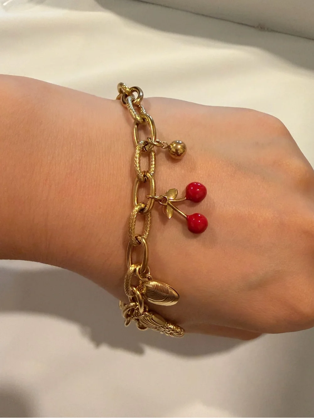 Gold Charm Bracelet with Red Cherry and Pearl Drop